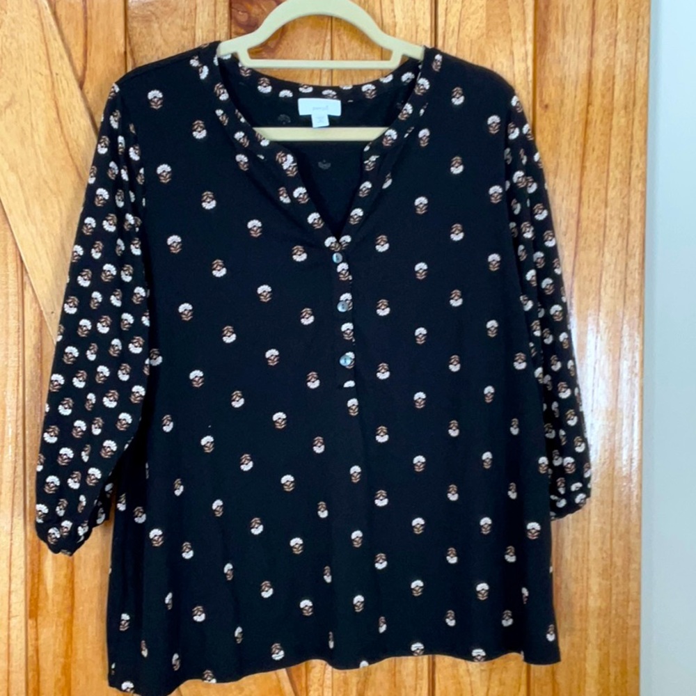 Pure Jill, top black with cream and tan print.